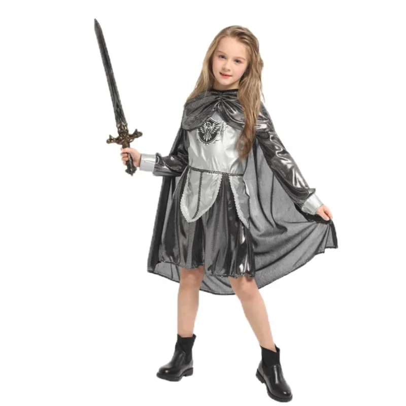 Children Kids Shining Silver Medieval Warrior Knight Costume Girls Halloween Purim Carnival Party Masquerade Role Play