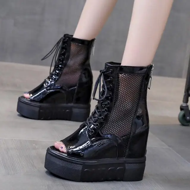 

Inner increase women's shoes mesh fish mouth sandals women spring and summer thick-soled short boots wedges boots women