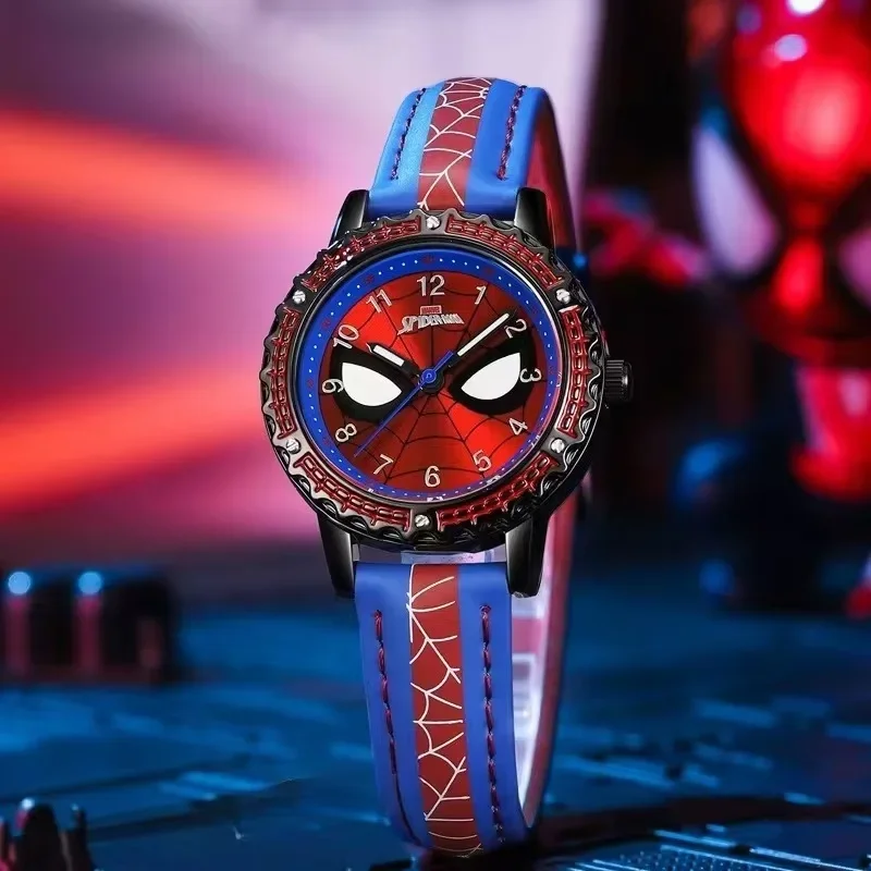 Reloj Spider Man resistente al agua con puntero luminoso, reloj de cuarzo, correa de cuero, reloj para niños, regalos de cumpleaños y Navidad