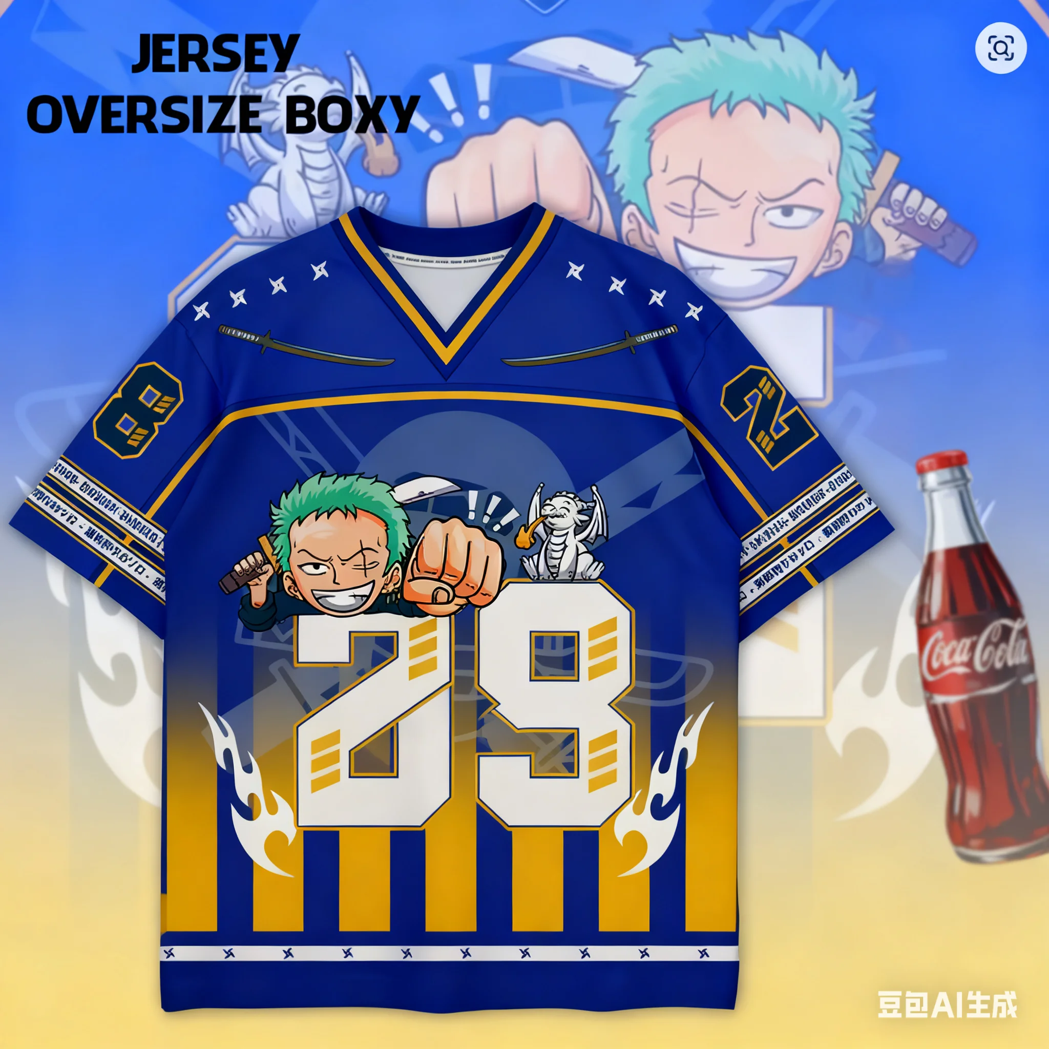 

New Football Jerseys Japanese Anime Bandai One Piece Luffy and Zoro T-shirt Sporty Street Loose For Men And Boys Tops Clothing