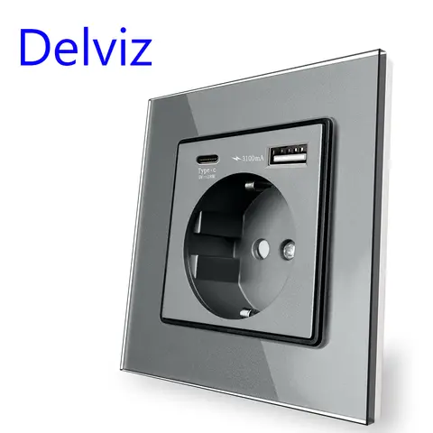 Delviz EU 표준 USB 소켓, 크리스탈 유리 패널, 1A1C 듀얼 인터페이스 스마트 빠른 충전, Type-C USB 포트가 있는 벽면 전원 콘센트