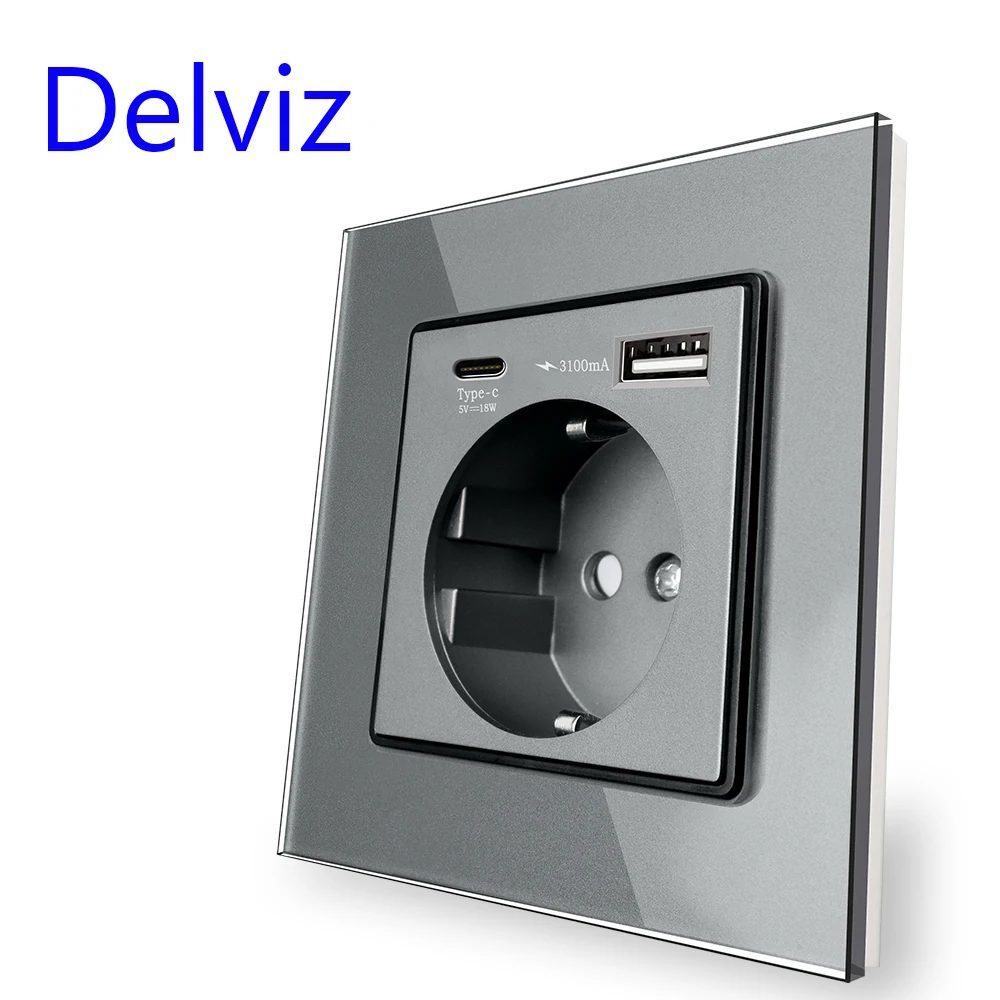 Delviz EU 표준 USB 소켓, 크리스탈 유리 패널, 1A1C 듀얼 인터페이스 스마트 빠른 충전, 벽면 전원 콘센트 (타입 C USB 포트 포함) 