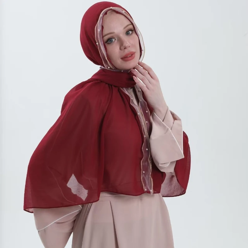 

Fashion Lace Pearl Edge Scarf Women Premium Chiffon Hijab sew Lace Muslim Solid Plain Bubble Chiffon Shawl Headscarf