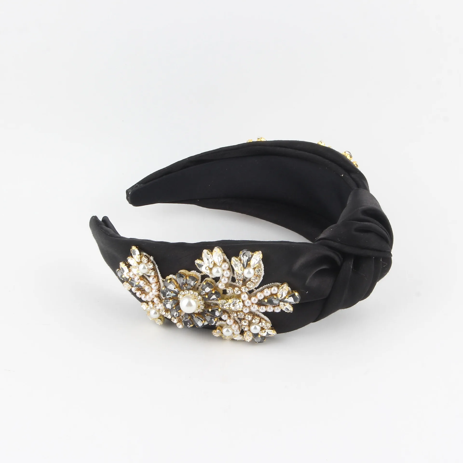 New fashion fabric headband women's wide edge knotted high cranial top hand-sewn rice beads versatile flower hair accessories