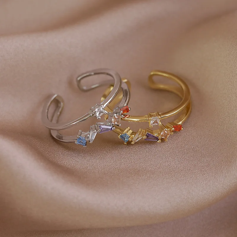 Translucent Colored Square Zirconia Double-Layer Ring Adjustable Niche Design Band Fresh and Delicate Accessory