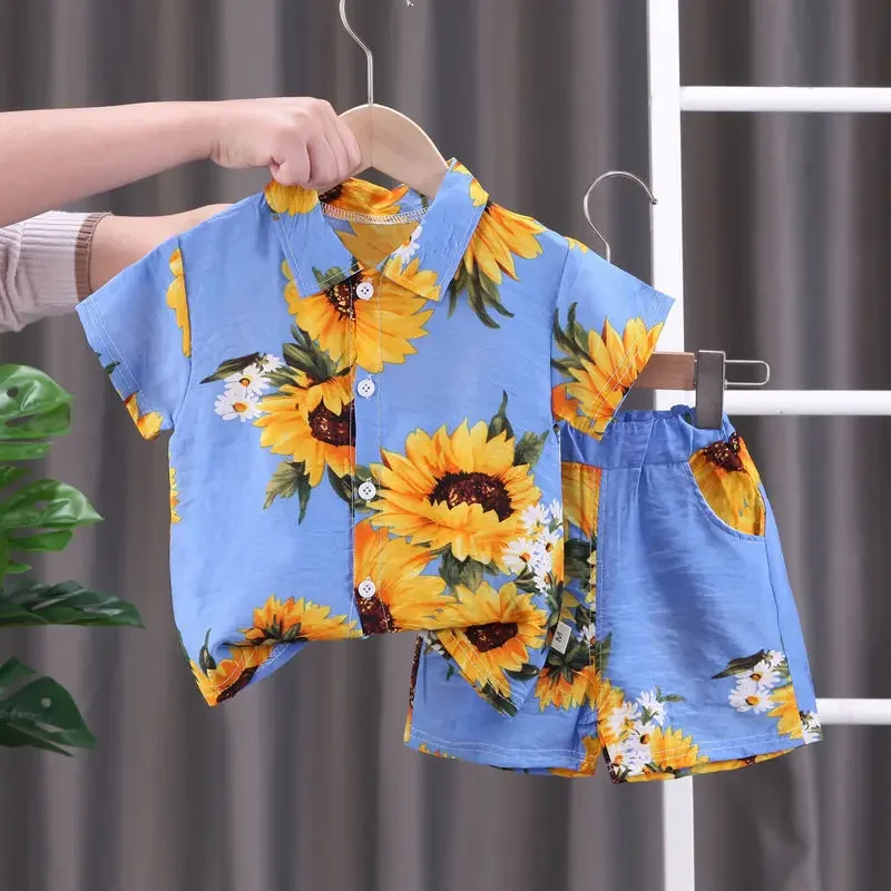Children's Summer Thin Clothing Set Kids Short Sleeve Lapel Cartoon Sunflower Print Shirt + Shorts Boys Casual Beachwear Clothes