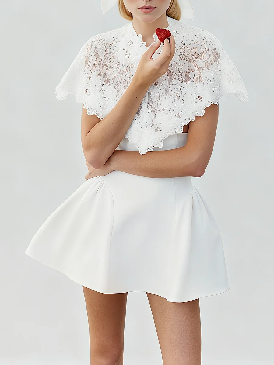 

Кружевное мини-платье с вышивкой и шалью, женское летнее платье трапециевидной формы с высокой талией, стильные халаты, милое элегантное короткое платье из двух предметов 2026