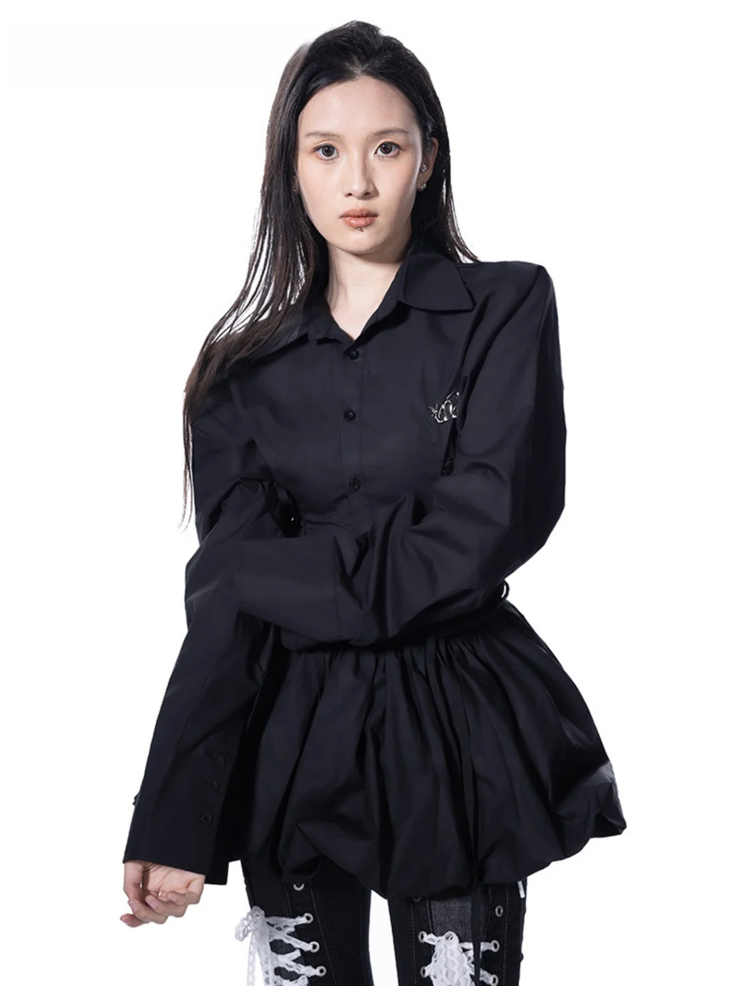 

Spring 2025 Women's Vintage Ruffle Hem Shirt Dress Waist Cinching Flower Bud Skirt Long Sleeve Collar Original Design