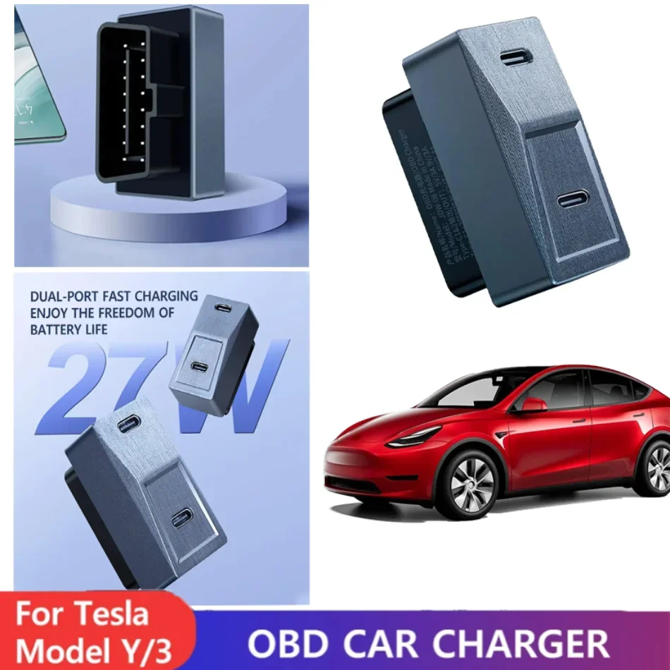 Hidden OBD Adapter for Tesla Model 3 Y Juniper X S Fast Charging 27W Plug and Play USB-C Dual Port Expander Phones Accessories