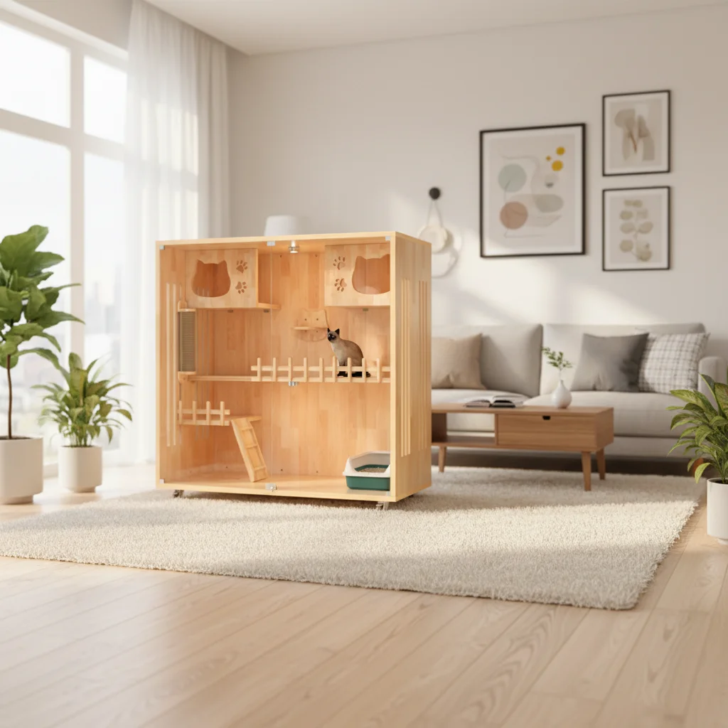 Modern Breathable Wooden Cat Cage Cat Villa Animal Pattern Nest Bed Stylish Indoor Pet House Customizable Living Room