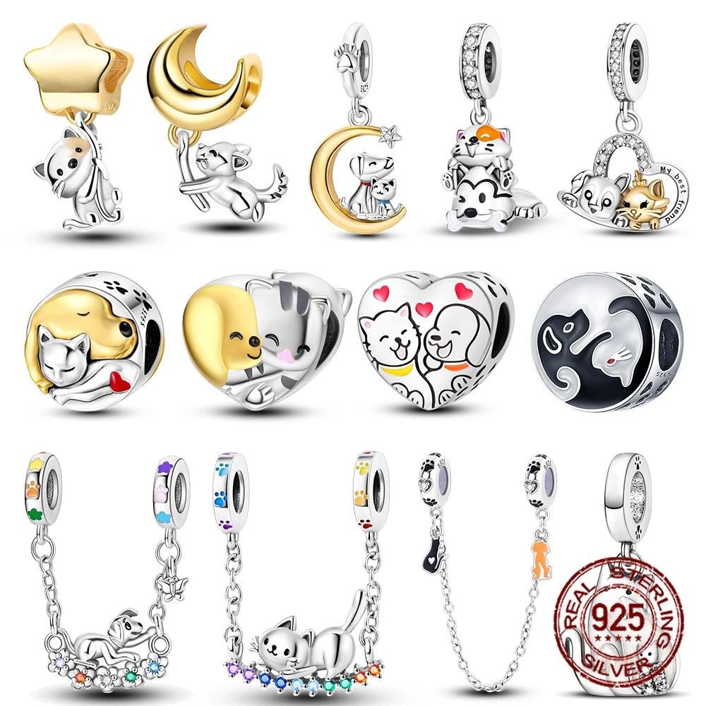 

925 Sterling Silver Lovely Animal Cat Dog Swing Best Friend Golden Charms Beads Fit Pandora Original Bracelets Fine DIY Jewelry