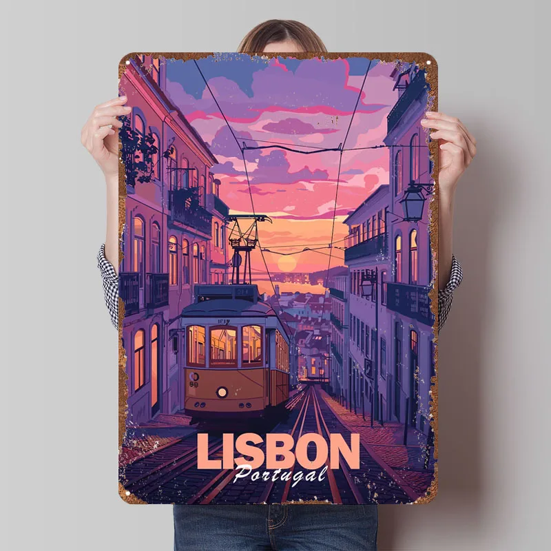 Эстетический постер города Лиссабона, ретро дорожная жестяная вывеска, эстетический декор комнаты, индивидуальные металлические вывески для дома, комнаты, настенные художественные предметы