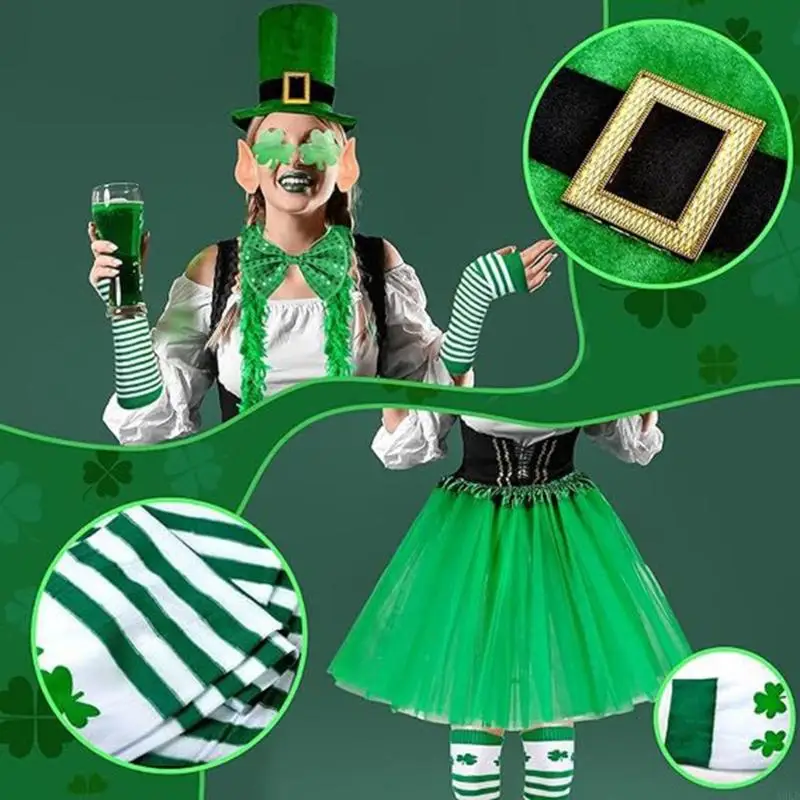 A0KD عيد القديس باتريك الرجال النساء ازياء اكسسوارات أطقم الأخضر شامروك تنورة أفضل قبعة جوارب مجموعة لمهرجان التصوير #6