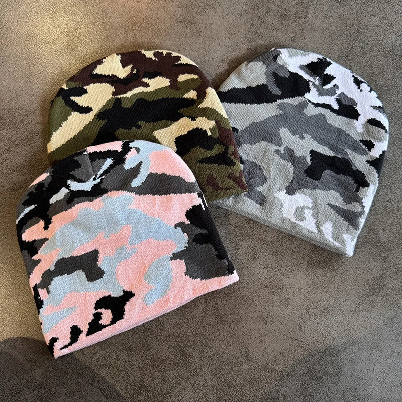 الخريف والشتاء النمط الأوروبي الجديد التمويه كتلة اللون قبعات منسوجة الدافئة تنوعا الهيب هوب بيني الشارع موضة في الهواء الطلق #2