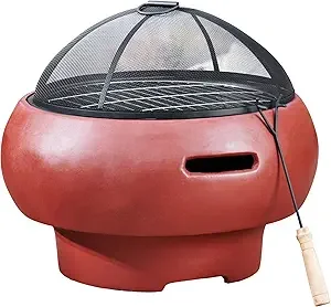 

Outdoor 20.07 in. Round Wood-Burning Fire Pit with Faux Concrete Base, Spark Screen, Stainless Steel Grill Grate