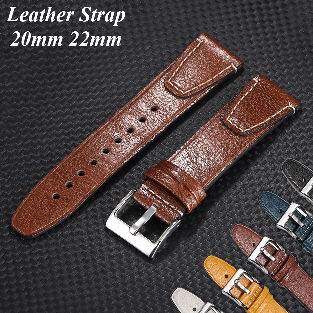 Vintage 20mm 22mm Oil Wax Leather Watch Band for Seiko Smartwatch Brown Stitching Cowhide Strap for Samsung Universal Wrist Band
