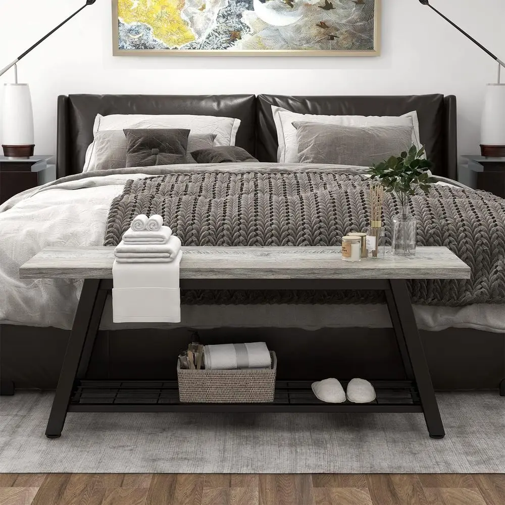 Industrial Rustic Wooden & Metal Storage Bench for Entryway, Shoe Rack, and Hallway Seating in Farmhouse Style