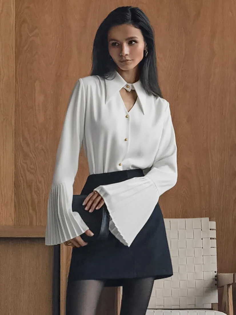 Parc Fee Fashion Loose White Office Women Blouse 2025 Casual Lapel Long Sleeve Shirts Elegant Chic Solid Top Female Clothing