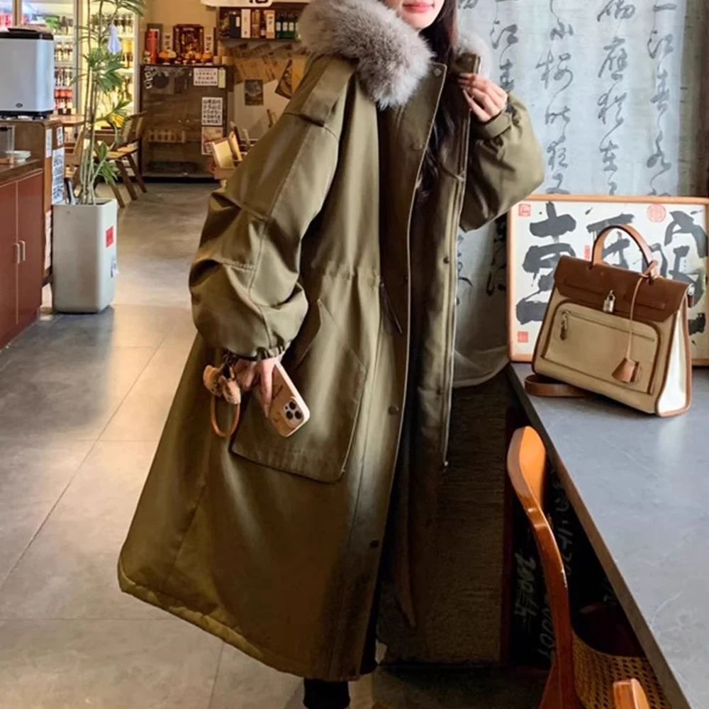 2026 Autumn Winter Men's Long Hooded Parka Jacket Warm Windproof Coat Faux Fur Collar Drawstring Waist Casual Outdoor Jacket