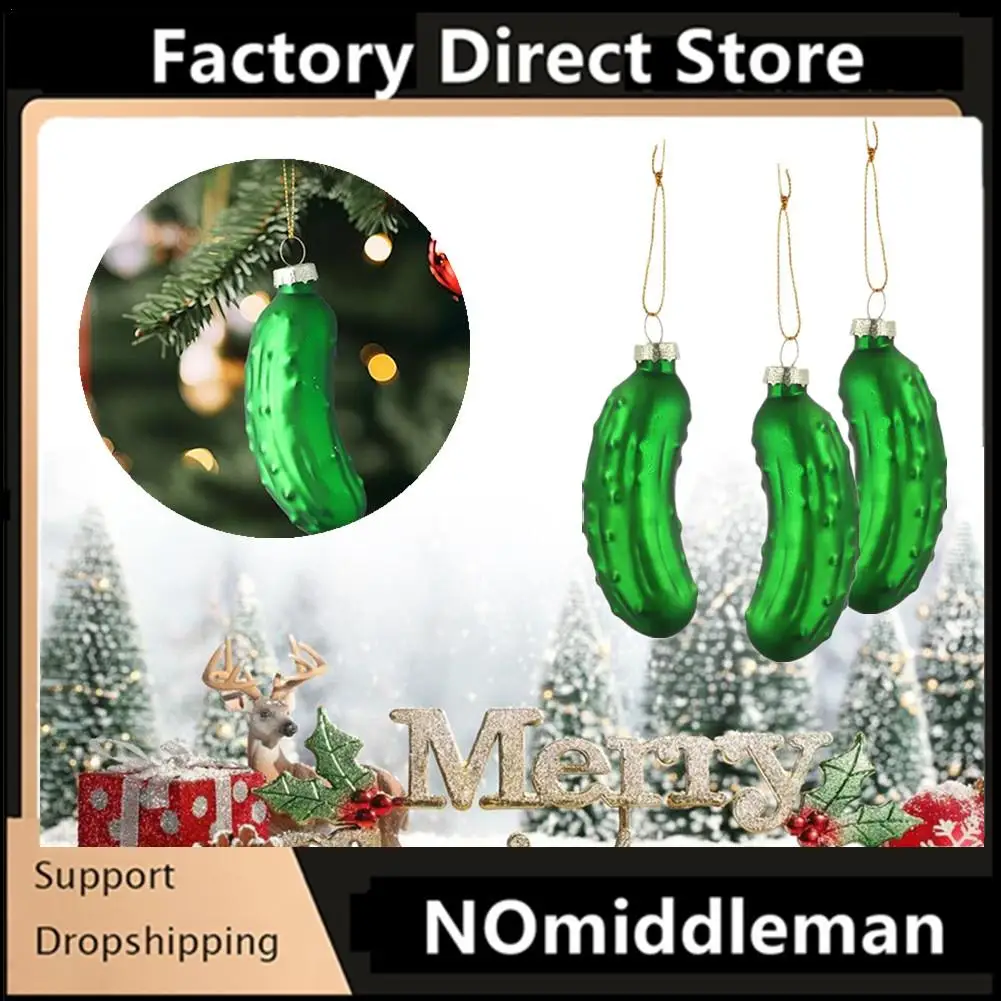 3Pcs Christmas Pickle Tree Ornament Glass Blown Green Hanging Ornaments For Christmas Holiday Tradition Decor Party Favor