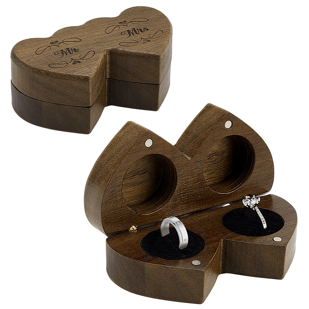 Wood Double Ring Box Mr and Mrs Ring Bearer Box Heart Shape Jewelry Box Rustic Engraved Ring Case Holder with Black Inner