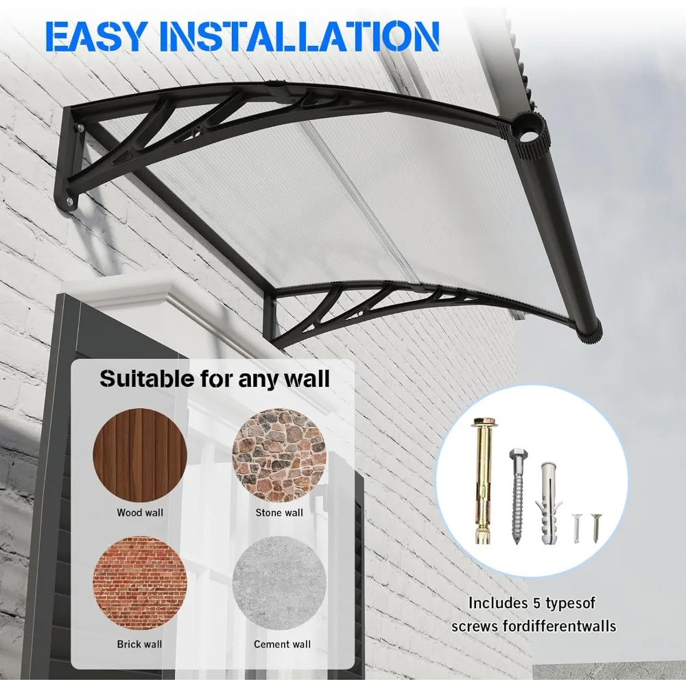 مظلة الباب الأمامي من البولي كربونات مقاس 32 × 40 بوصة، حماية من الأشعة فوق البنفسجية والمطر، نظام تصريف منفصل، مظلة الباب الخارجي #6