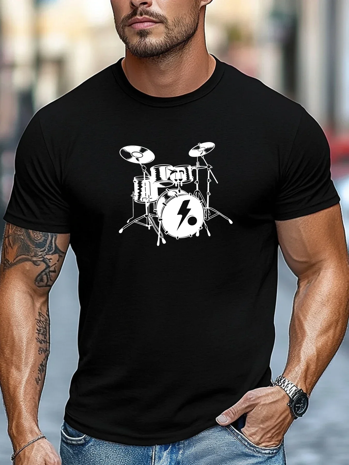 Men White Crew Neck Tee Black Lightning Bolt Full Drum Kit Silhouette Rock Band Drummer Musician Soft Cotton Male Casual Tops