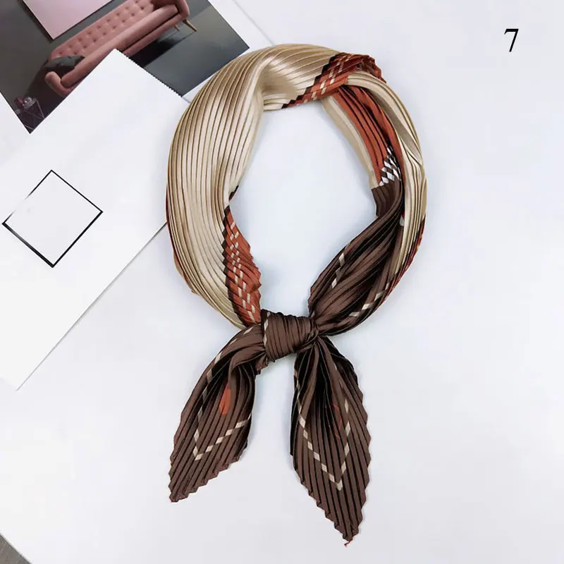 Korean Pleated Scarf Crinkle Small Square Scarf Decorative Silk Women Scarf Print Neck Scarves Elastic Hair Band Ribbon Wrinkle