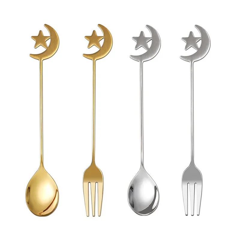 2023 Ramadan Decoration Star Stainless Steel Eid Mubarak Spoon Fork Moon Star Spoon Fork Muslim Islamic Party Supplies Favor