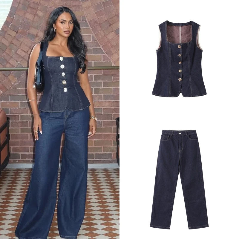

Pop Street Denim Vest Pants Women's Suits Square Collar Sleeveless Single Breasted Top High Waist Straight Pants Retro Ladies Ou