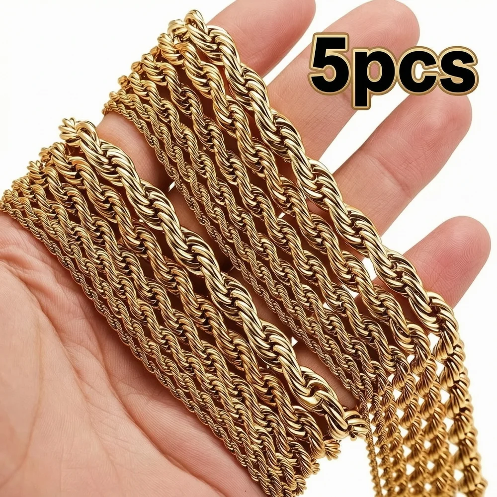 5pcs 2mm Thick Twisted Rope Chain Unisex Fashion Necklace Stainless Steel Twisted Rope Chain 45/50/55/60cm 4 Tone Options
