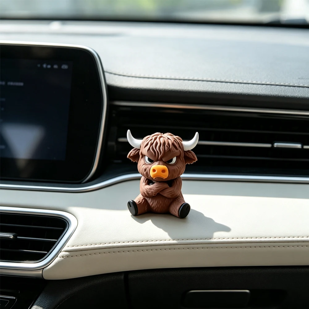Grumpy Highland Cow Figurine,Rossed Arms Scottish Highland Cow Statue,Desktop Ornament, Home Office Car Dashboard Decor Ornament