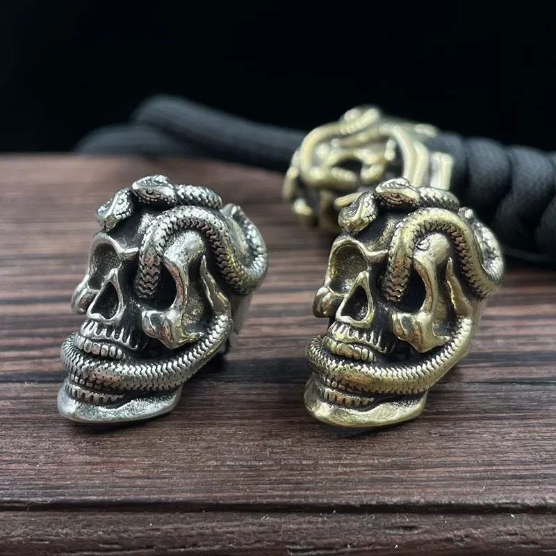 Double Snake Skull Head Brass Knife Bead EDC Outdoor DIY Paracord Accessories Woven Lanyard Pendant Jewelry Punk Bracelet Charms