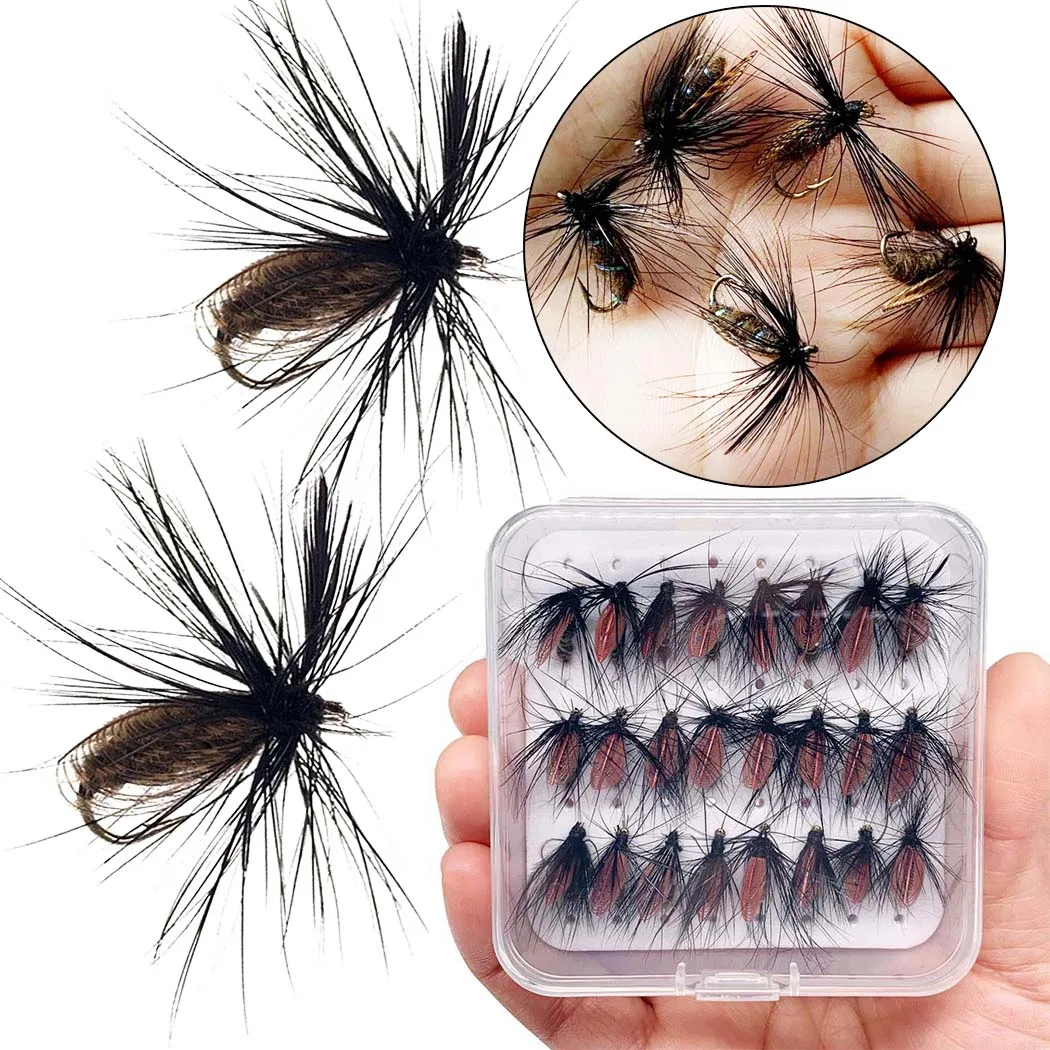 

25 шт./кор. черные крылья с павлиньим пером для ловли нахлыстом для рыбалки на форель, размер наживки # Приманка для искусственных насекомых с 10 мухами