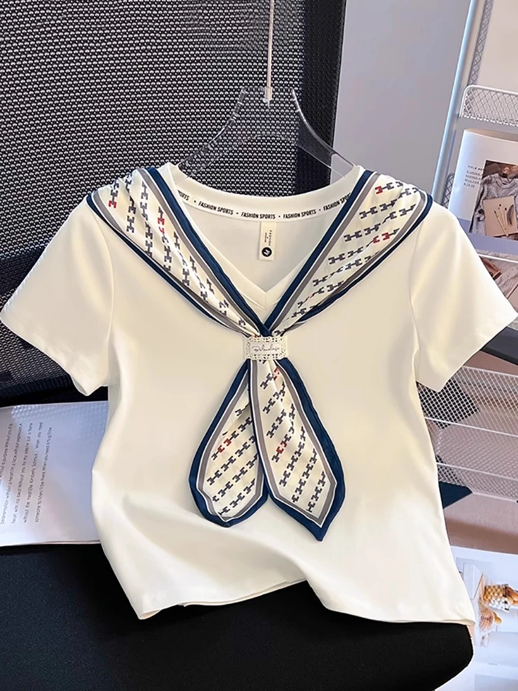 

Fashion All Match T Shirts V Neck Short Sleeve Tees Bow Patchwork Print Design Tops 2025 Summer New Preppy Style Women Clothing