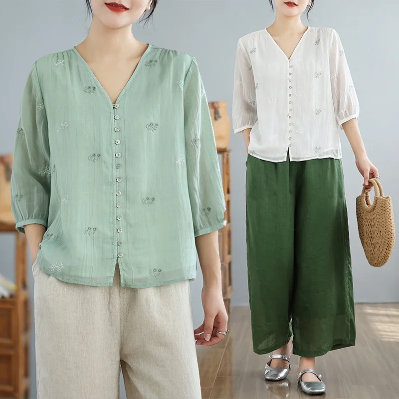

New Chinese Style Women's Cotton Linen V-Neck Short Sleeve Base Shirt Thin Pure Color Spring Summer New Arrival T-Shirt