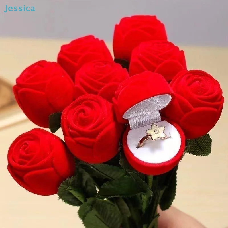 

〔Jessica〕Red Rose Ring Box - Romantic Velvet Flower Jewelry Case for Proposal, Engagement & Valentine's Day