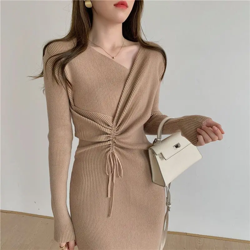 Korejpaa Autumn Knitted Dress 2024 New Korean Fashion V Neck Slimming Drawstring Bodycon Dresses Women Gentle Split Vestidos