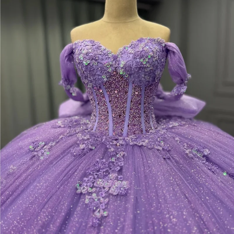 

Shiny Purple Quinceanera Dress glitter flower Decal crystal Long tail Bow Lace layering Vestidos De 15 Quinceanera ﻿Customize