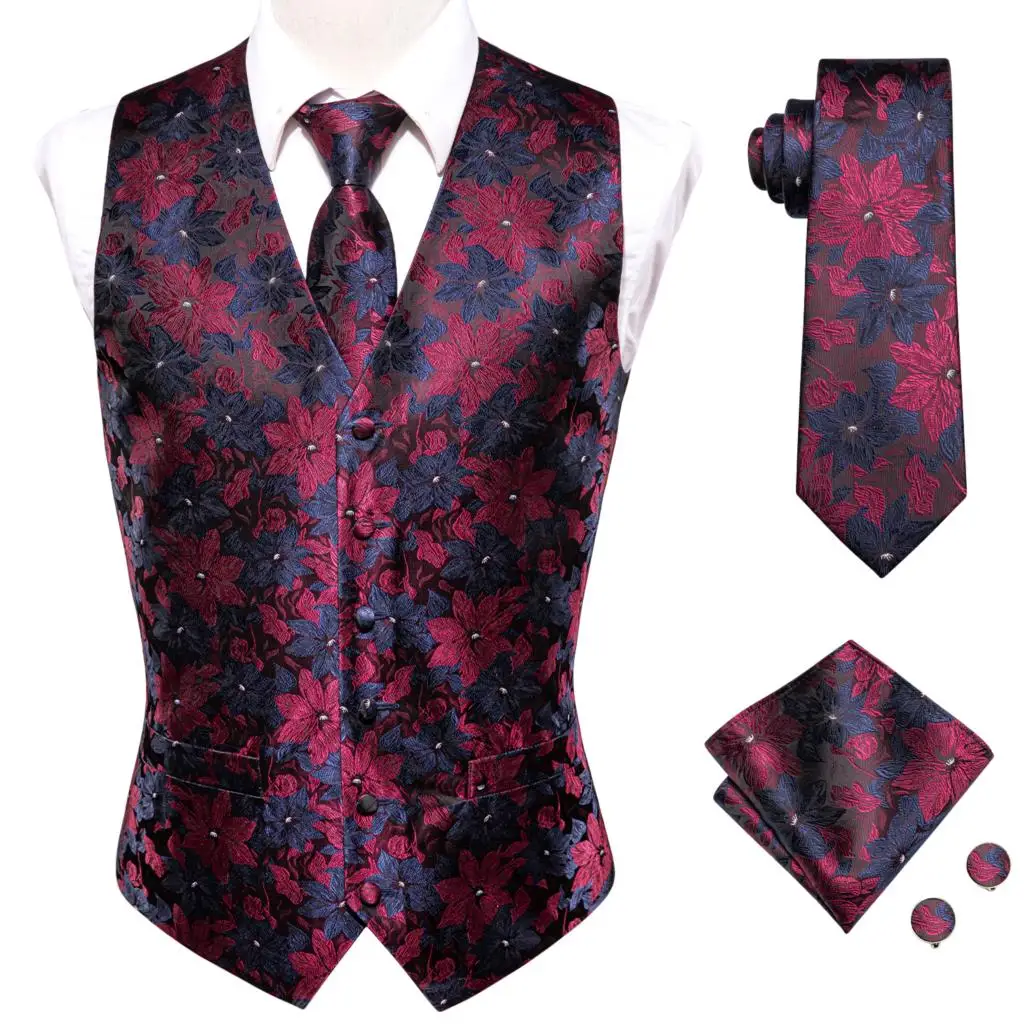 Hi-Tie Jacquard Floral Mens Suit Vest Shawl Lapel Tuxedo Blazers Sleeveless Jacket WaistcoatTie Hanky Cufflinks Wedding Business