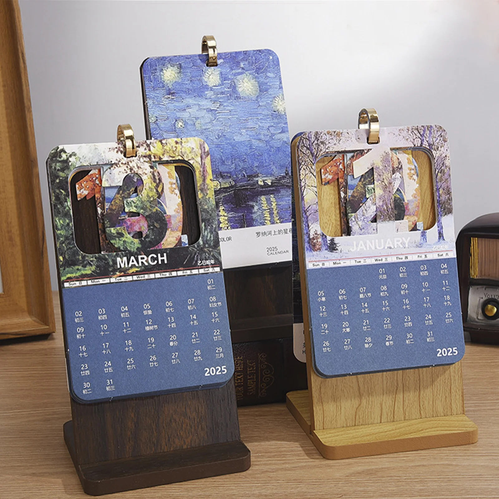 1 pc 2025 Vintage Mini Bronzing Painting Desk Calendar Tabletop Flip Monthly Calendar Student Notepad Schedule Planner Calendar