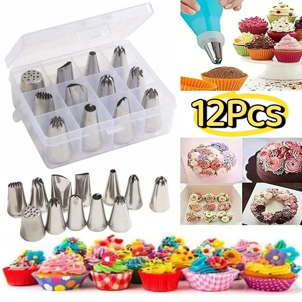 

Stainless Steel Piping Tips Set 12 Heads DIY Cake Decorating Nozzles Set Reusable Rust-proof Cream Piping Nozzles Kit