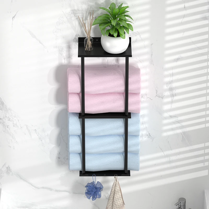 

Bathroom towel rack wall mounted multi-layer space towel storage rack, no drilling required, easy to install