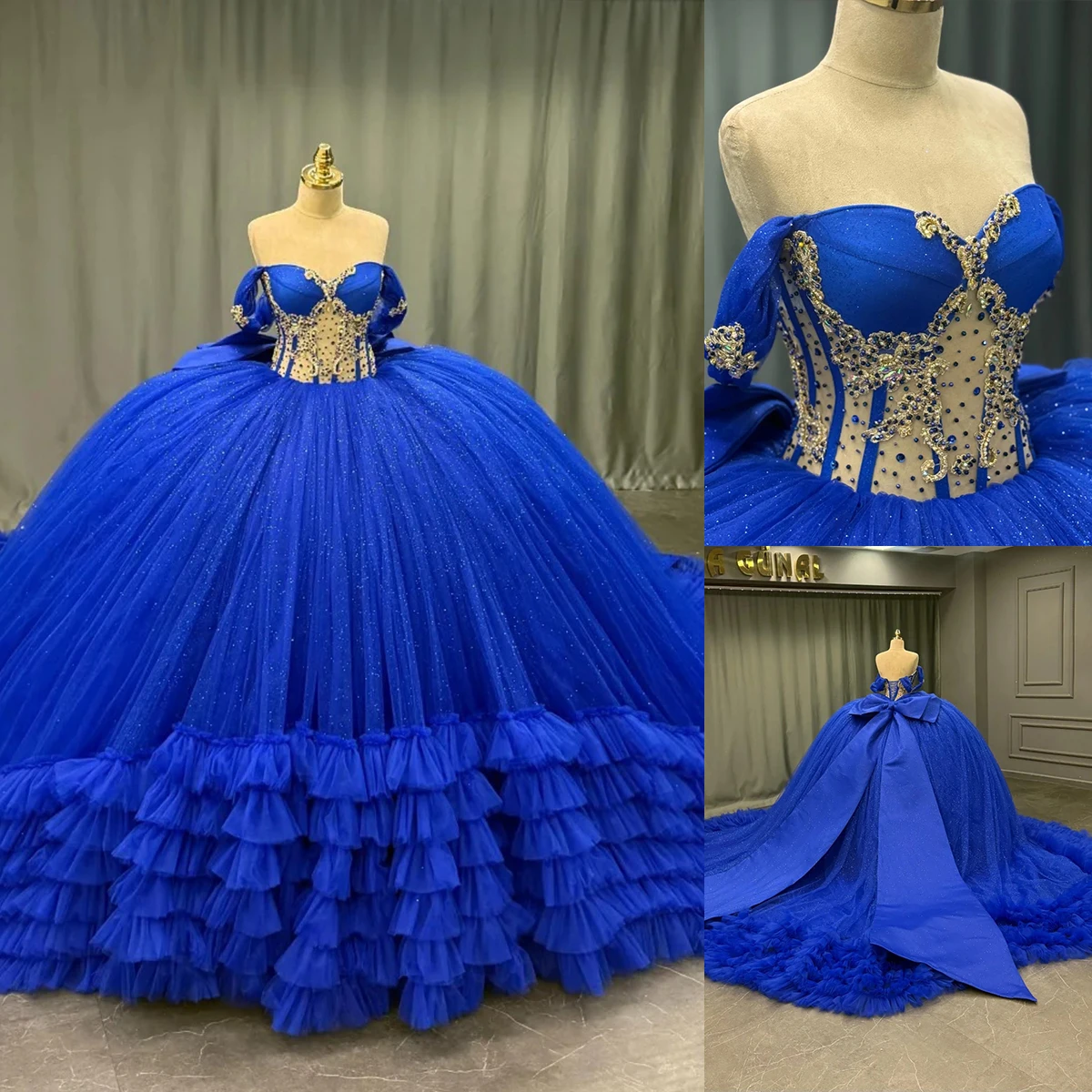 

Sparkly Glamorous Wedding Dresses Luxury Sequins Applique Off Shoulder Bow Bride Gowns Tulle Tiered Ball Gowns Customized