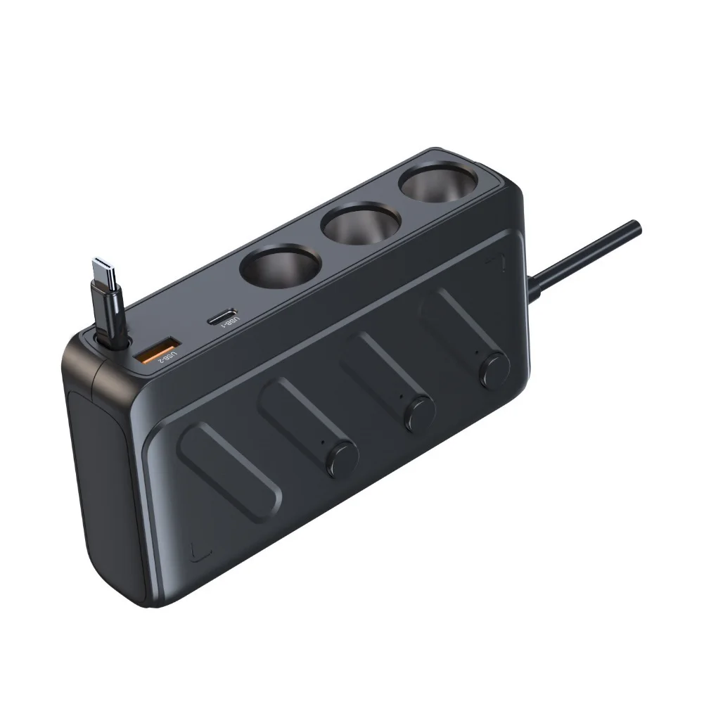 12V 24V for triple Socket Car Charger Adapter with Retractable Type C PD Cable for SUV Truck for rv Electronic Devices
