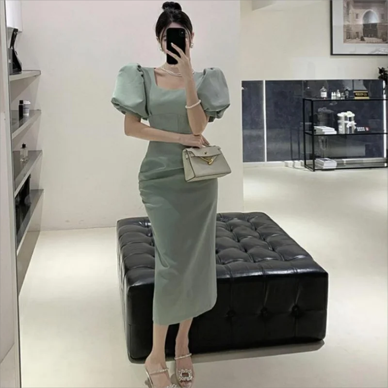 ผู้หญิงที่สง่างามสแควร์คอปกชุดแฟชั่นฤดูร้อนสีเขียวพัฟแขนสุภาพสตรีสํานักงานB Odyconแยกชุดยาว
