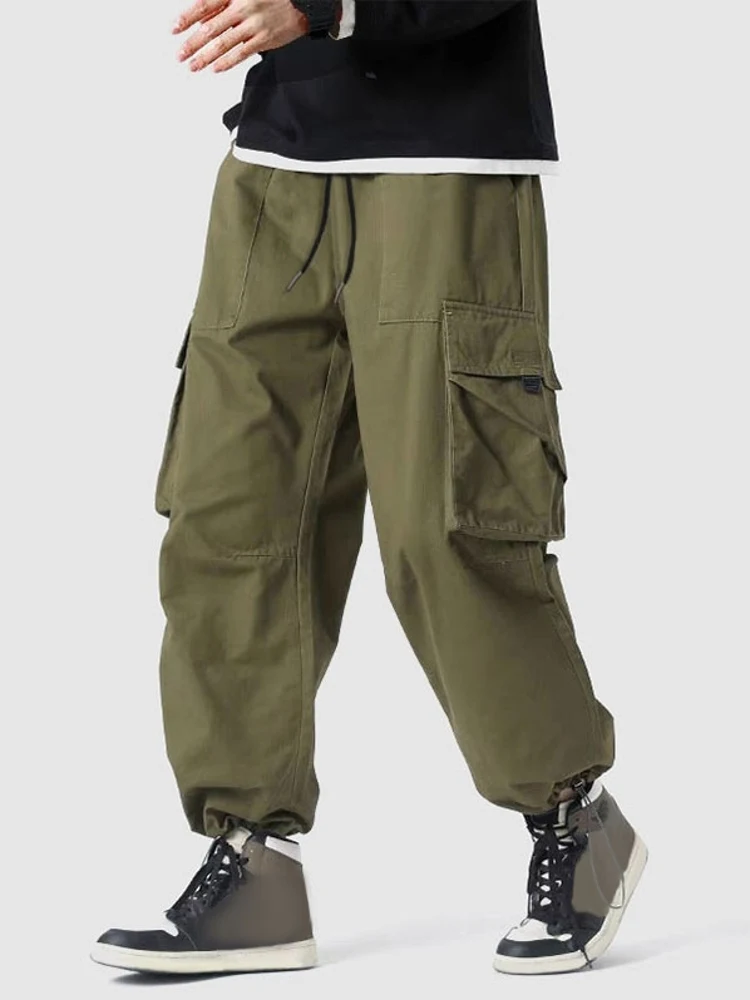 ZAFUL Cotton Cargo Pants for Men Solid Streetwear Tooling Trousers with Multi-pockets Mid-waist Drawstring Bottom Z5099999