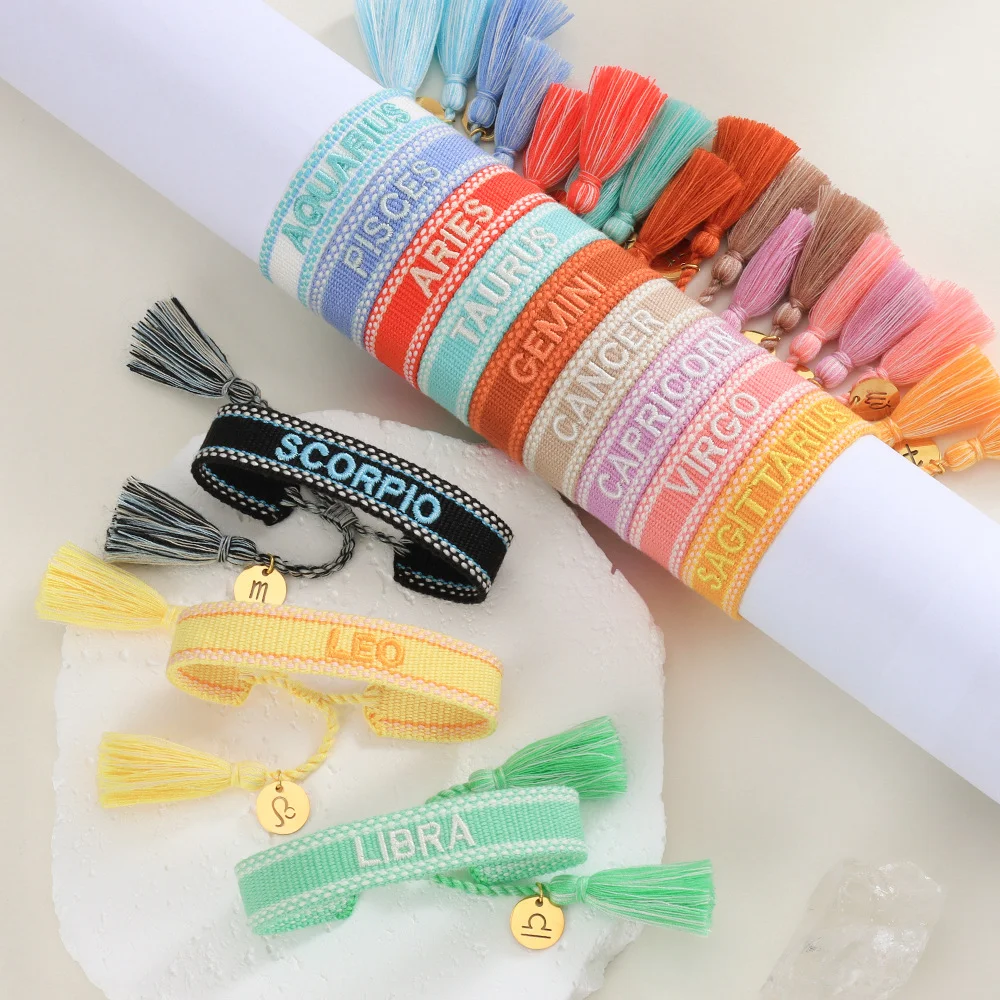 Zodiac Signs Embroidered Bracelet Handmade Friendship Wristband Girls Braided Rope with Tassel Charm