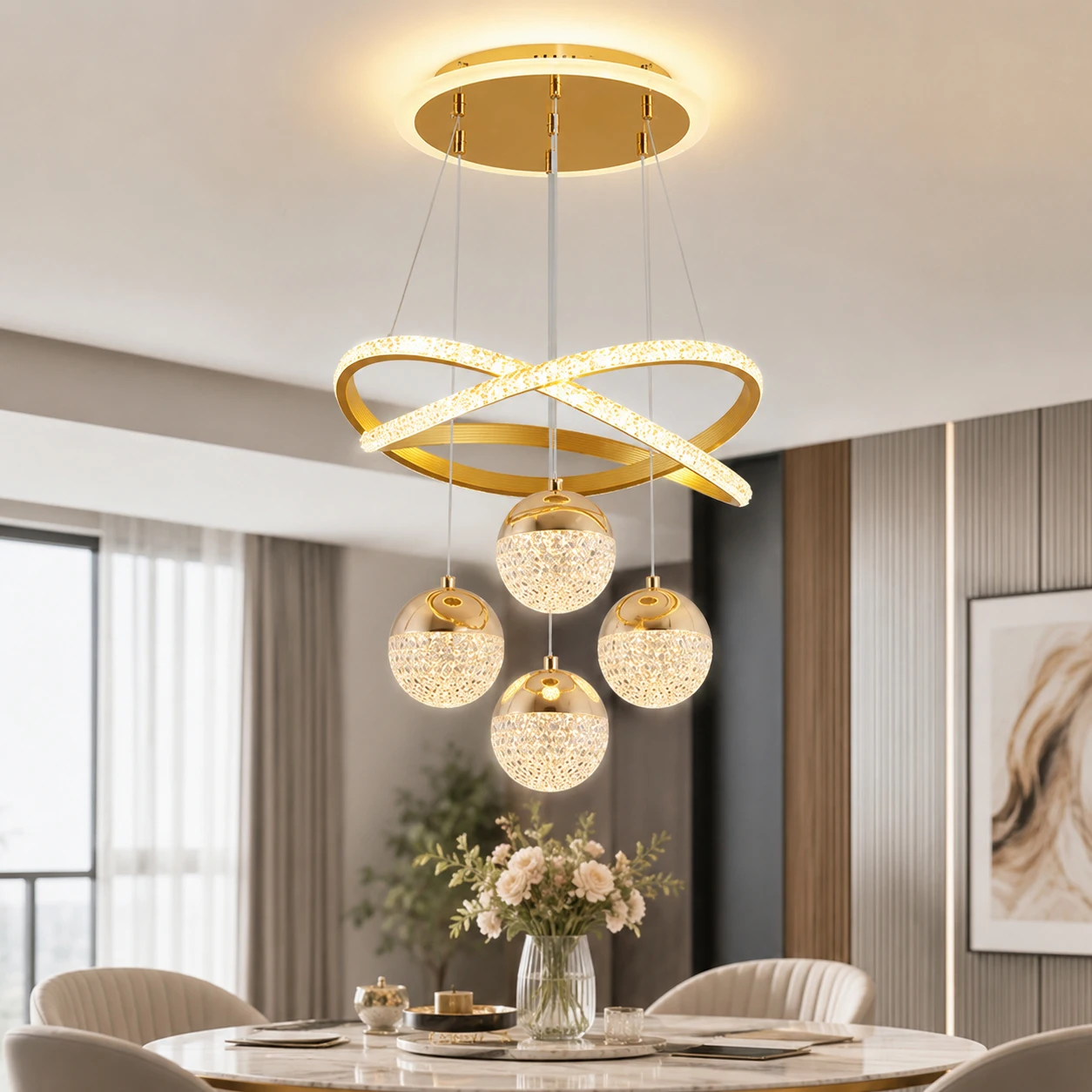Modern 90W LED Chandelier 3 Color Light Adjustable Hanging Crystal Globe Pendant Lamp for Dining Room Black Gold