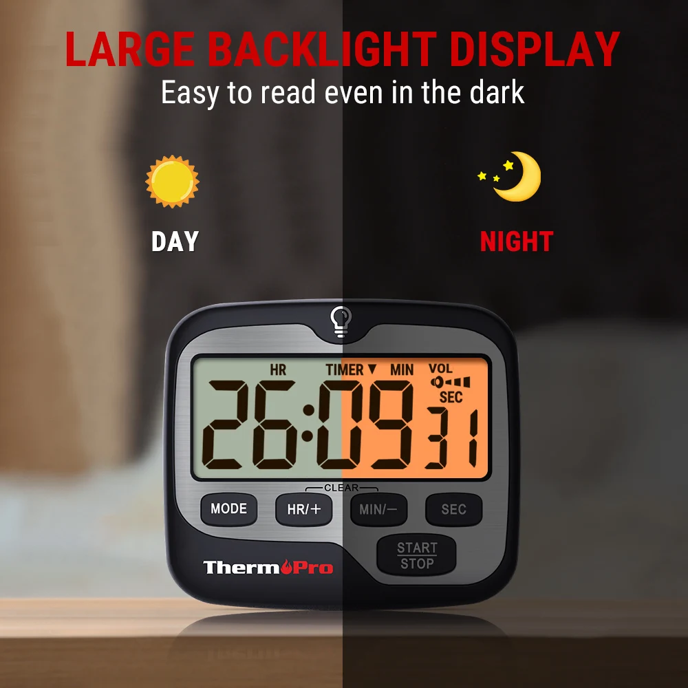 ThermoPro TM01 Backlight 4 Alarm Volume With Clock Function Countdown Countup Cooking Kitchen Timer